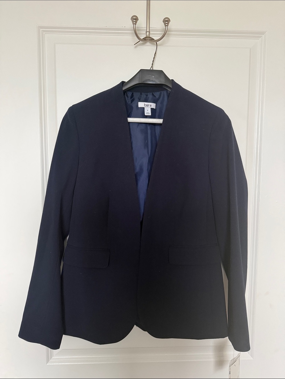 Bar III Women’s Blazer Collarless Open Front Size Small Navy Blue NEW WITH TAGS